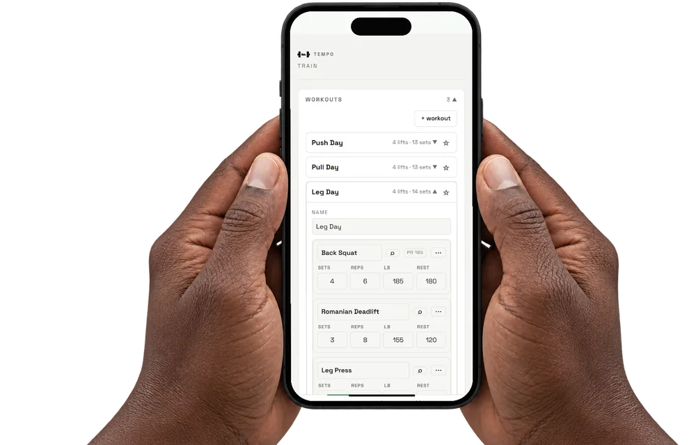 A phone in hand showing the TEMPO plan editor