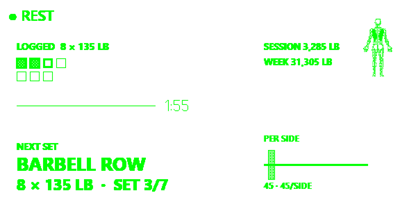 The TEMPO glasses screen between sets: rest 1:55, logged 8 x 135 lb, next set Barbell Row 8 x 135 lb, set 3 of 7, plates per side