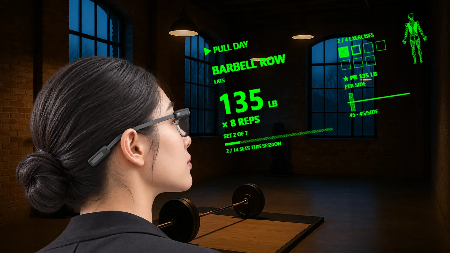 A lifter in a Berlin gym looks up; the G2 display shows Barbell Row, 135 lb × 8 reps, set 2 of 7