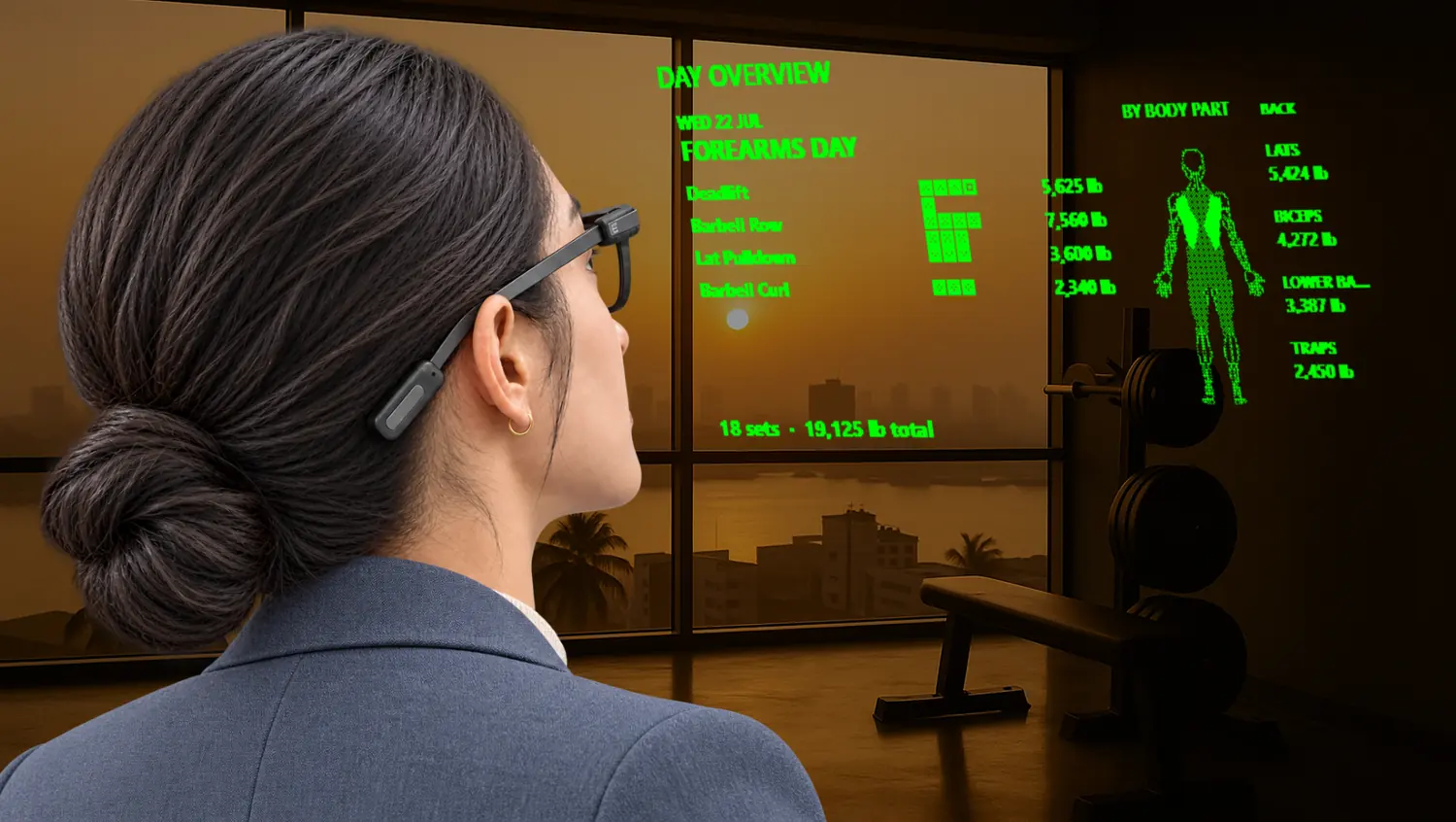 A lifter in a Lagos gym; the G2 display shows the day overview: the lifts planned and the volume by body part