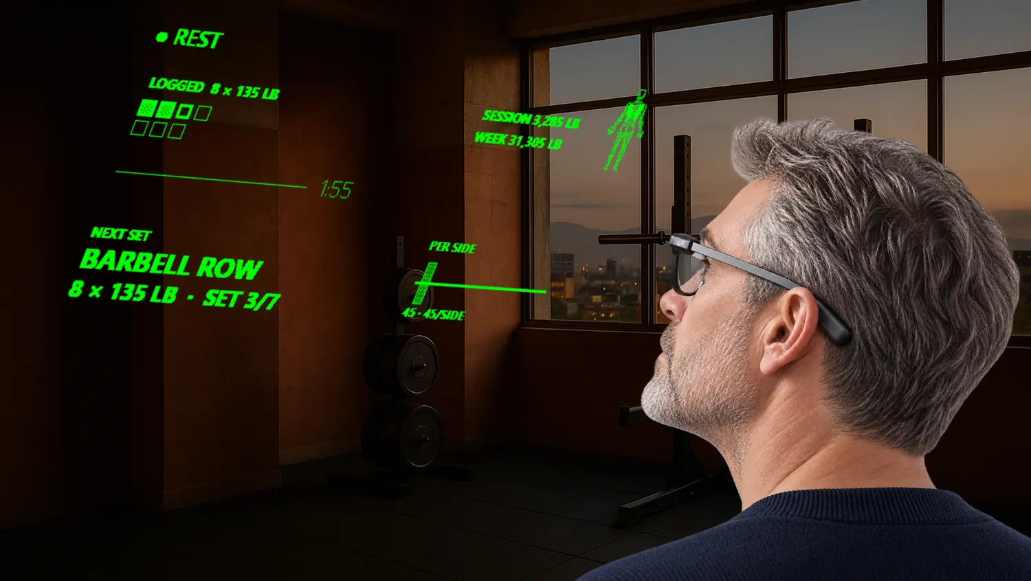 A lifter in a Mexico City gym looks up; the G2 display shows the rest clock at 1:55, the logged set and the next set
