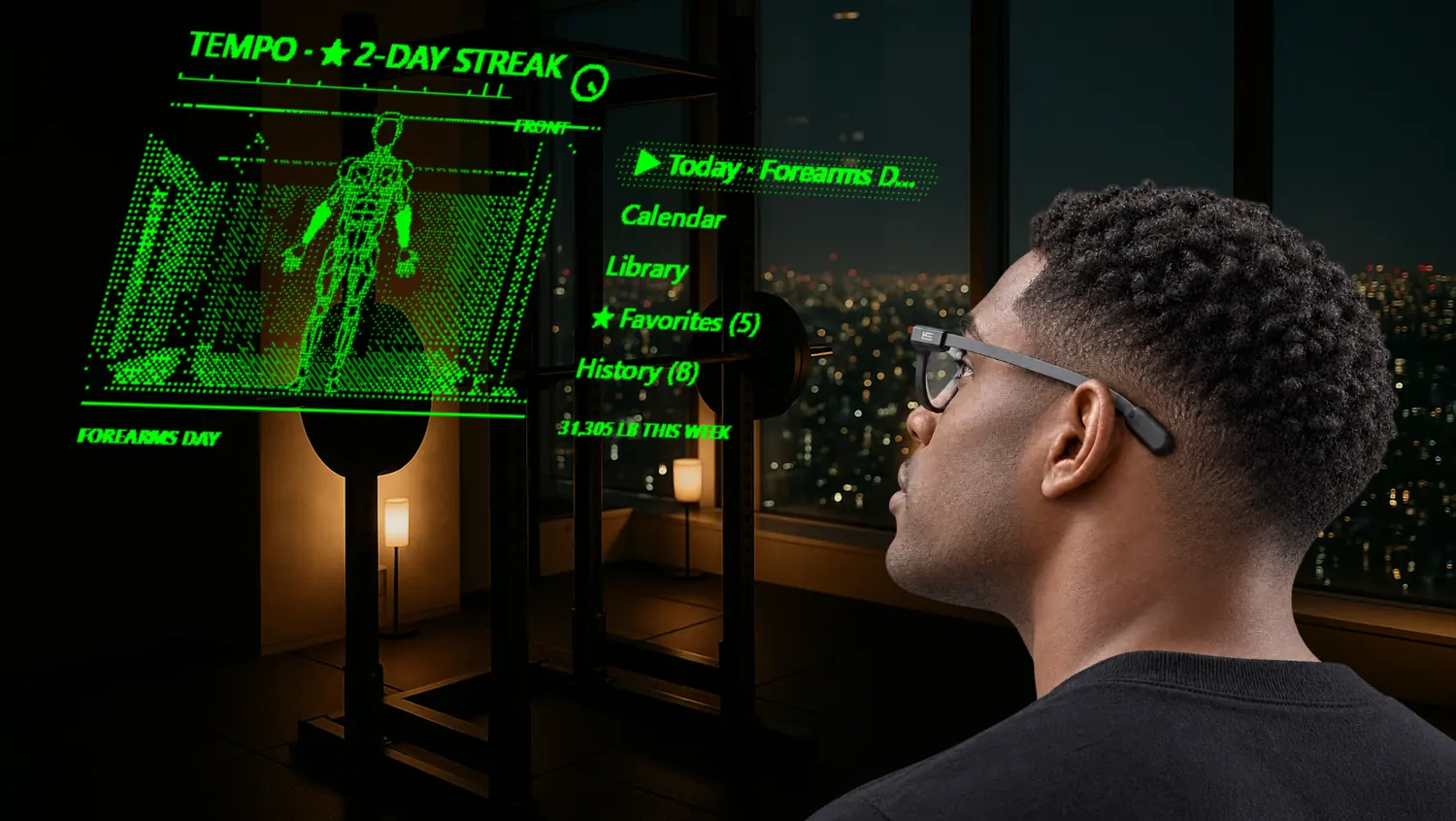 A lifter in a Tokyo gym looks up; the G2 display shows the anatomy figure with the working muscles lit