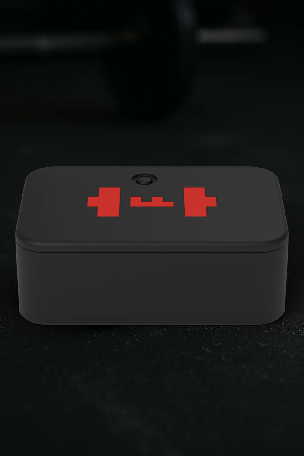 Render of the TEMPO ANVIL on a gym floor, with a barbell behind it